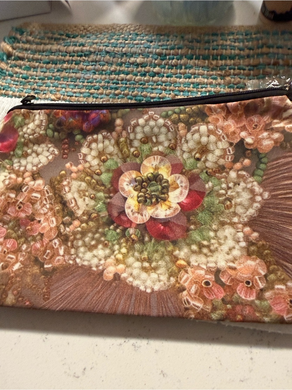Floral Beaded Zip Pouch - Pink Multicolor